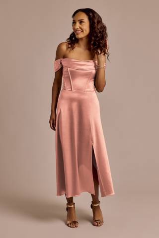 Picture of Off-the-Shoulder Sculpting Satin Midi Dress