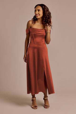 View Celebrate DB Studio Off-the-Shoulder Sculpting Satin Midi Dress in all available color and sizes Picture of Off-the-Shoulder Sculpting Satin Midi Dress