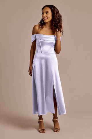View Celebrate DB Studio Off-the-Shoulder Sculpting Satin Midi Dress in all available color and sizes Picture of Off-the-Shoulder Sculpting Satin Midi Dress