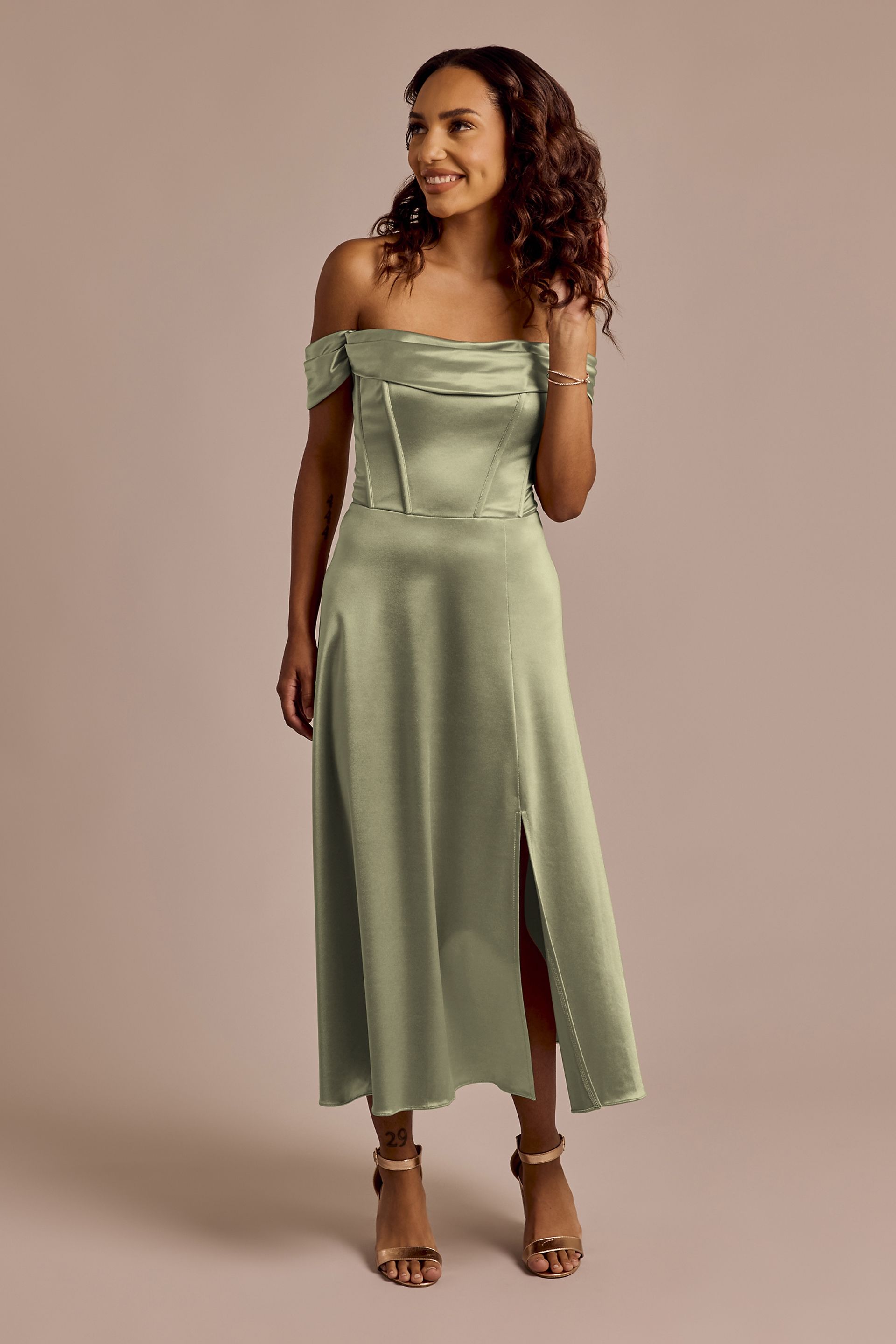Picture of Off-the-Shoulder Sculpting Satin Midi Dress