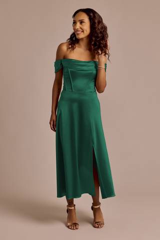 Picture of Off-the-Shoulder Sculpting Satin Midi Dress