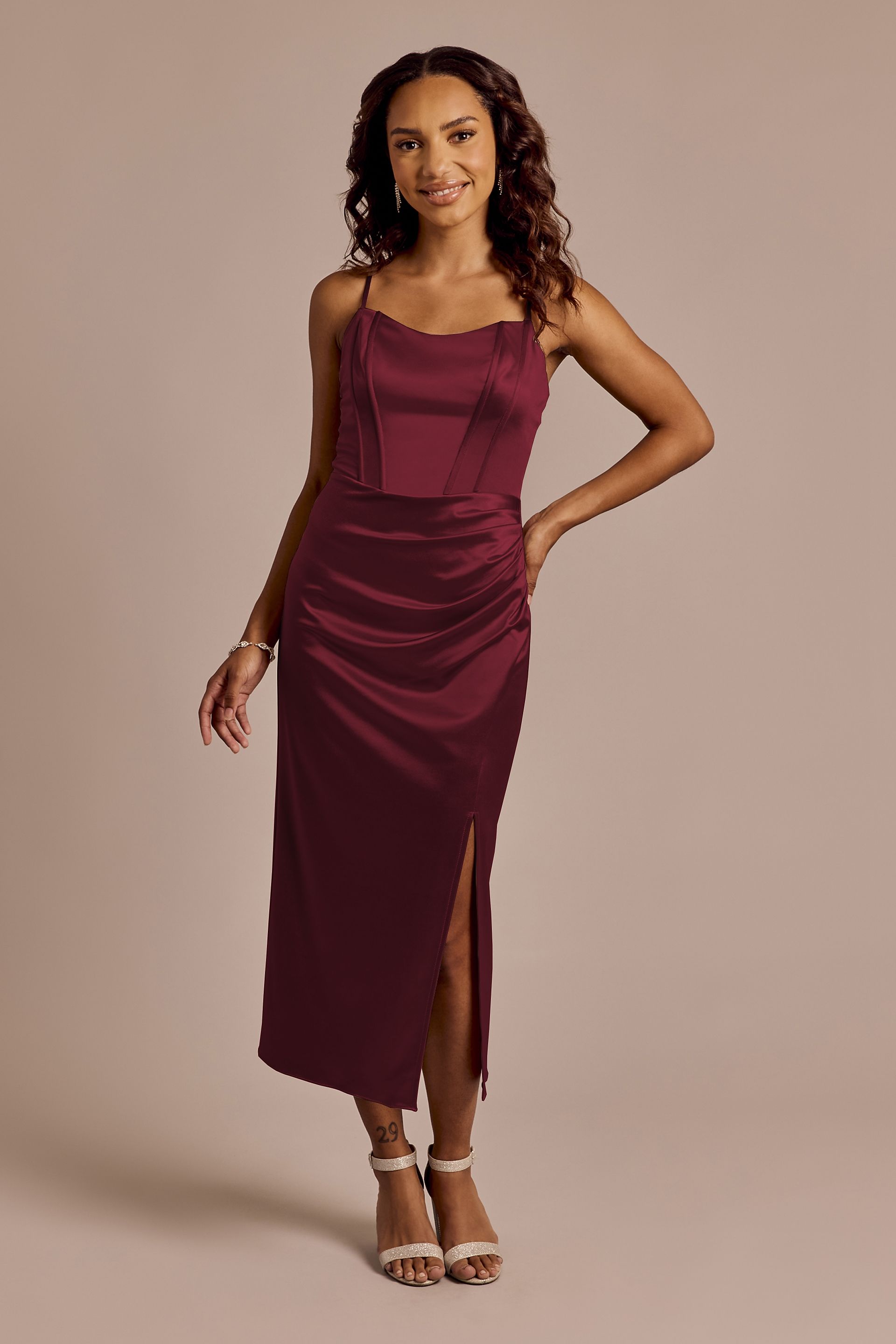 sculpting stretch satin midi dress Sculpting Satin Sculpted Neckline Midi Dress