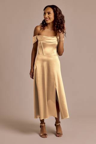 Picture of Off-the-Shoulder Sculpting Satin Midi Dress