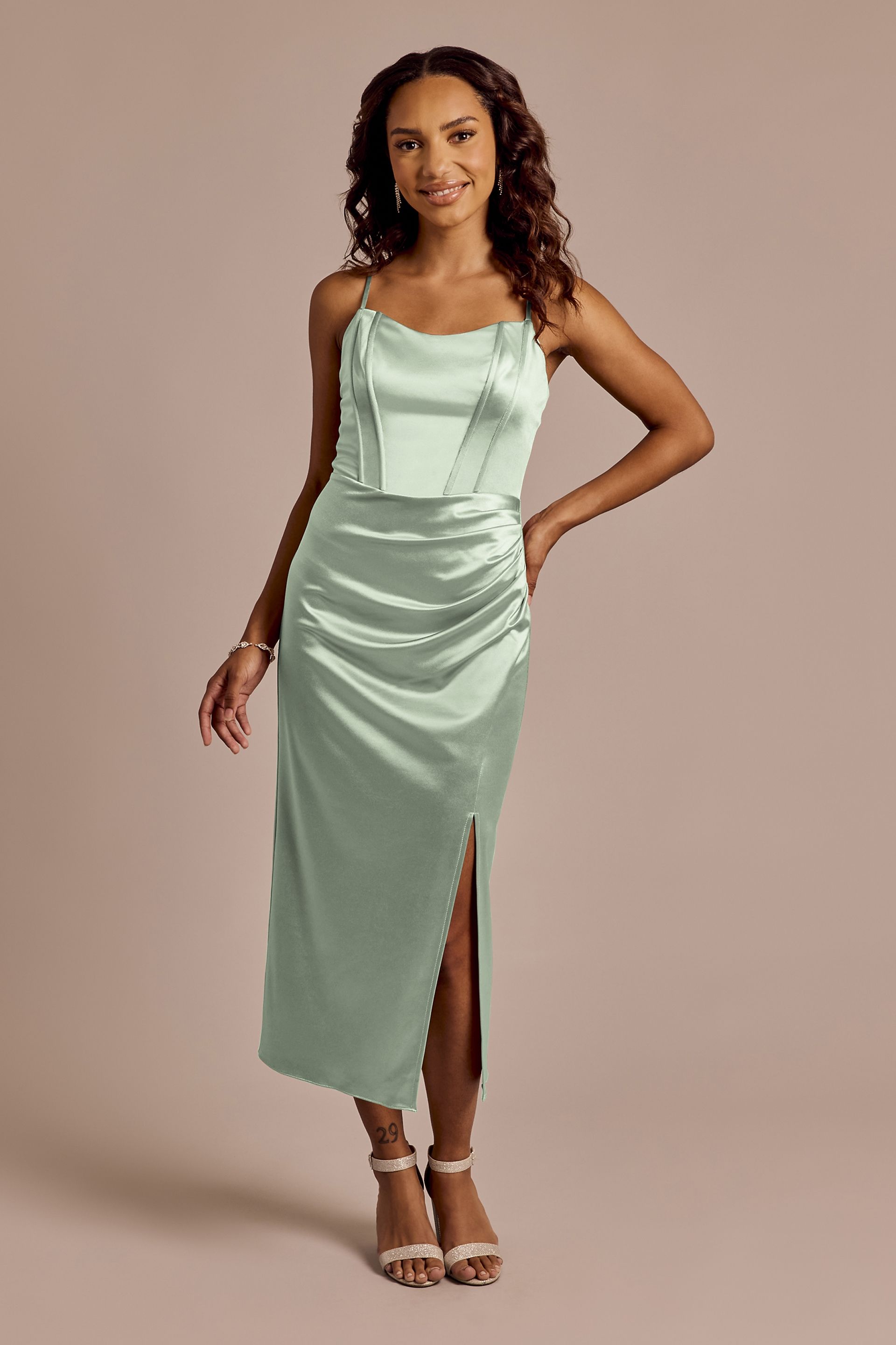 Picture of Sculpting Satin Corset Bodice Midi Dress