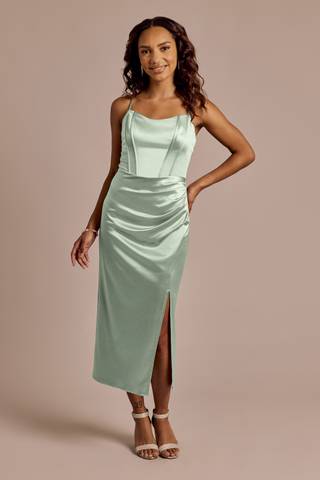 View Celebrate DB Studio Sculpting Satin Corset Bodice Midi Dress in all available color and sizes Picture of Sculpting Satin Corset Bodice Midi Dress