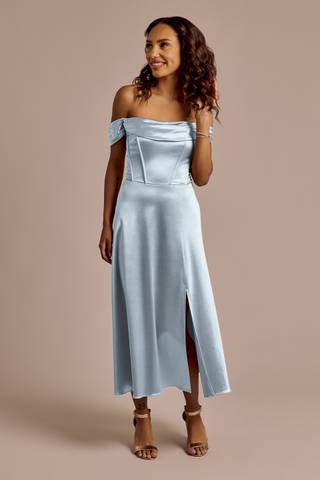 View Celebrate DB Studio Off-the-Shoulder Sculpting Satin Midi Dress in all available color and sizes Picture of Off-the-Shoulder Sculpting Satin Midi Dress