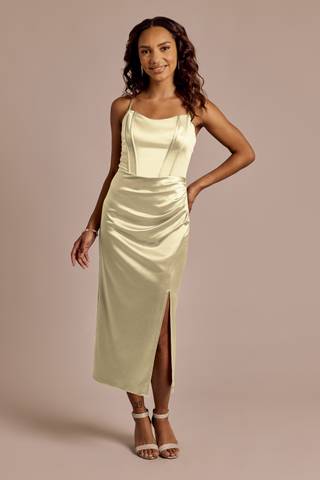 View Celebrate DB Studio Sculpting Satin Corset Bodice Midi Dress in all available color and sizes Picture of Sculpting Satin Corset Bodice Midi Dress