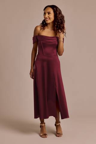 Picture of Off-the-Shoulder Sculpting Satin Midi Dress
