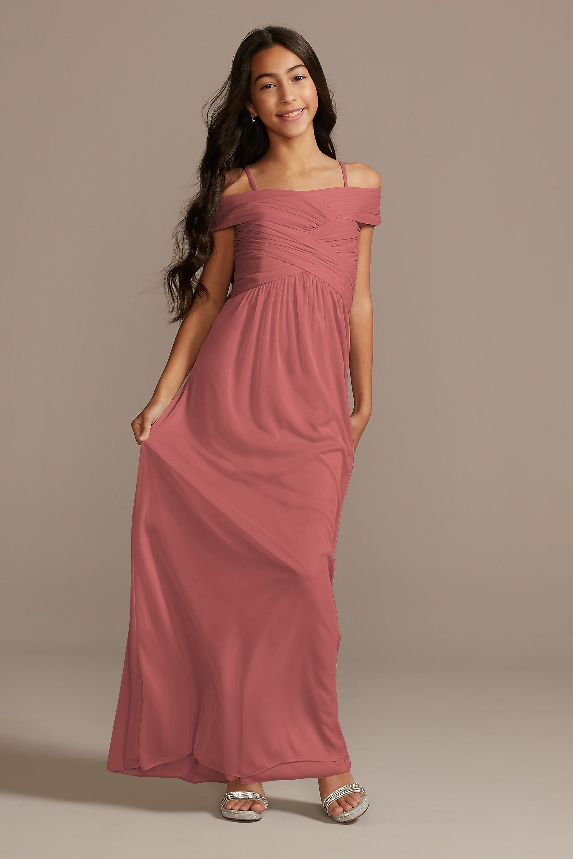 crisscross off-the-shoulder mesh bridesmaid dress Crisscross Off-the-Shoulder Mesh Bridesmaid Dress