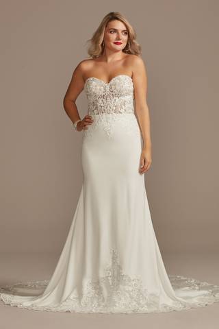 View Galina Signature Lace Sheer Beaded Bodice Wedding Dress in all available color and sizes Picture of Lace Sheer Beaded Bodice Wedding Dress