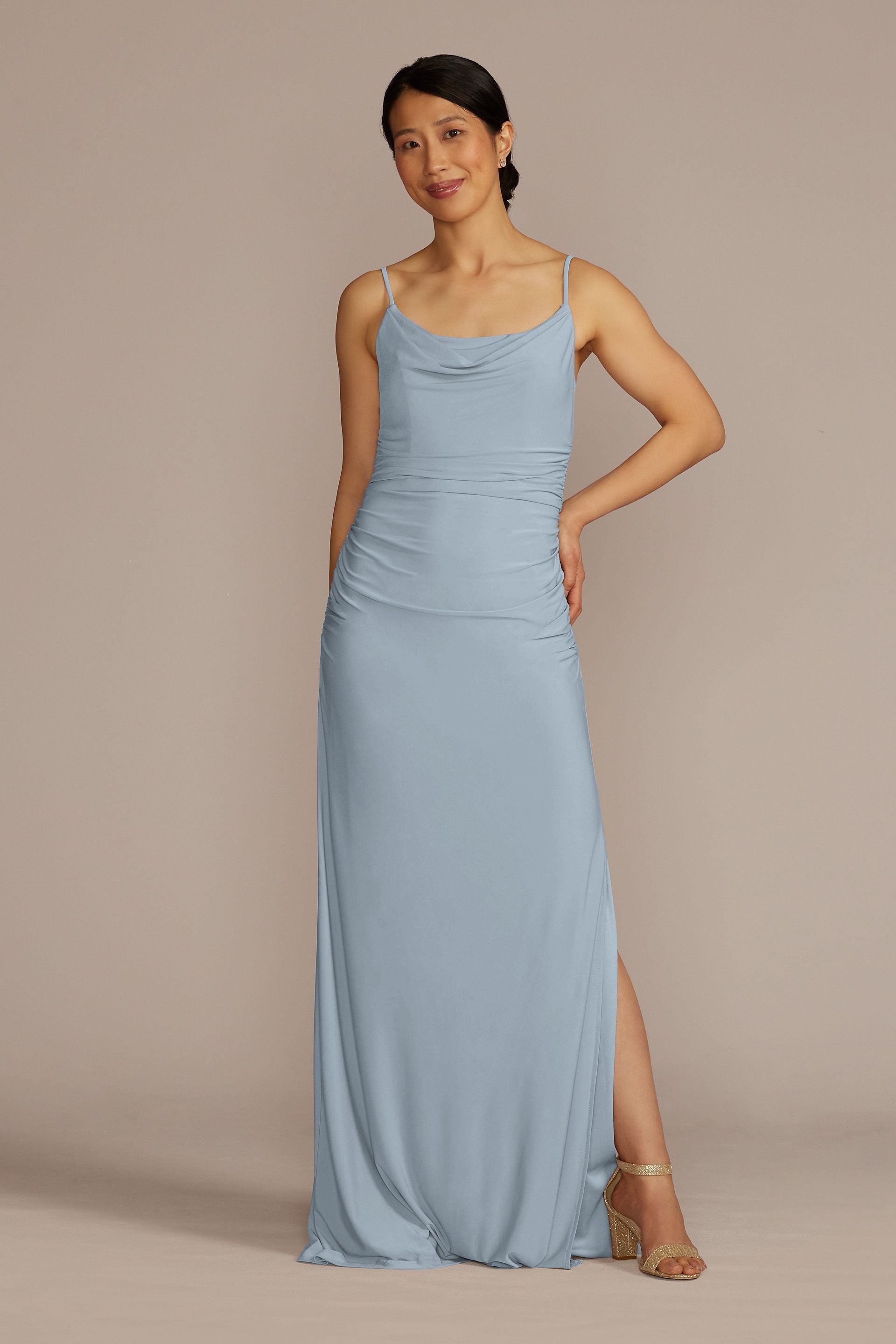 Celebrate DB Studio Ruched Jersey Spaghetti Strap Dress in Dusty Blue Size: 0 David's Bridal