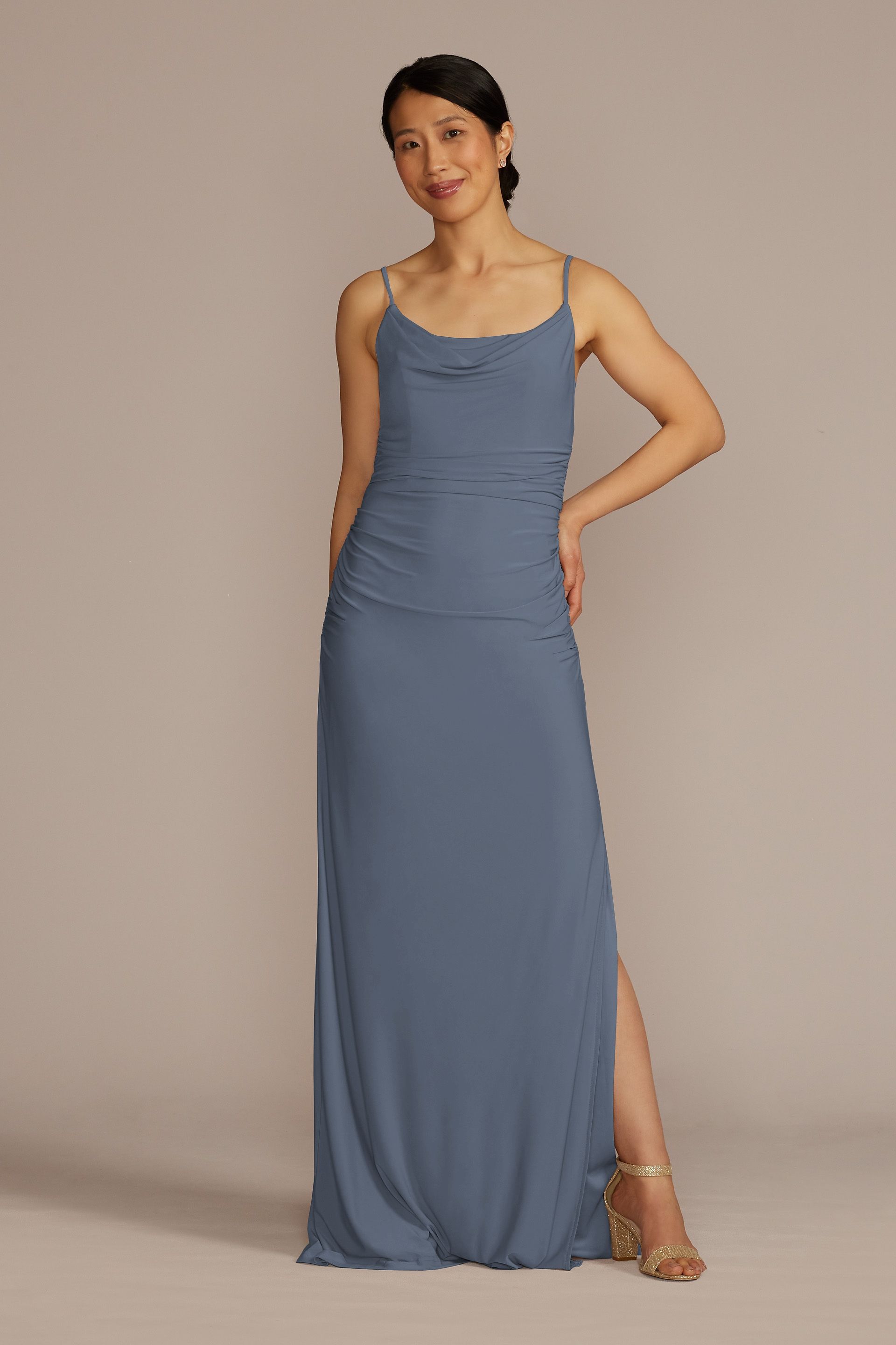 Celebrate DB Studio Ruched Jersey Spaghetti Strap Dress in Steel Blue Size: 22 David's Bridal