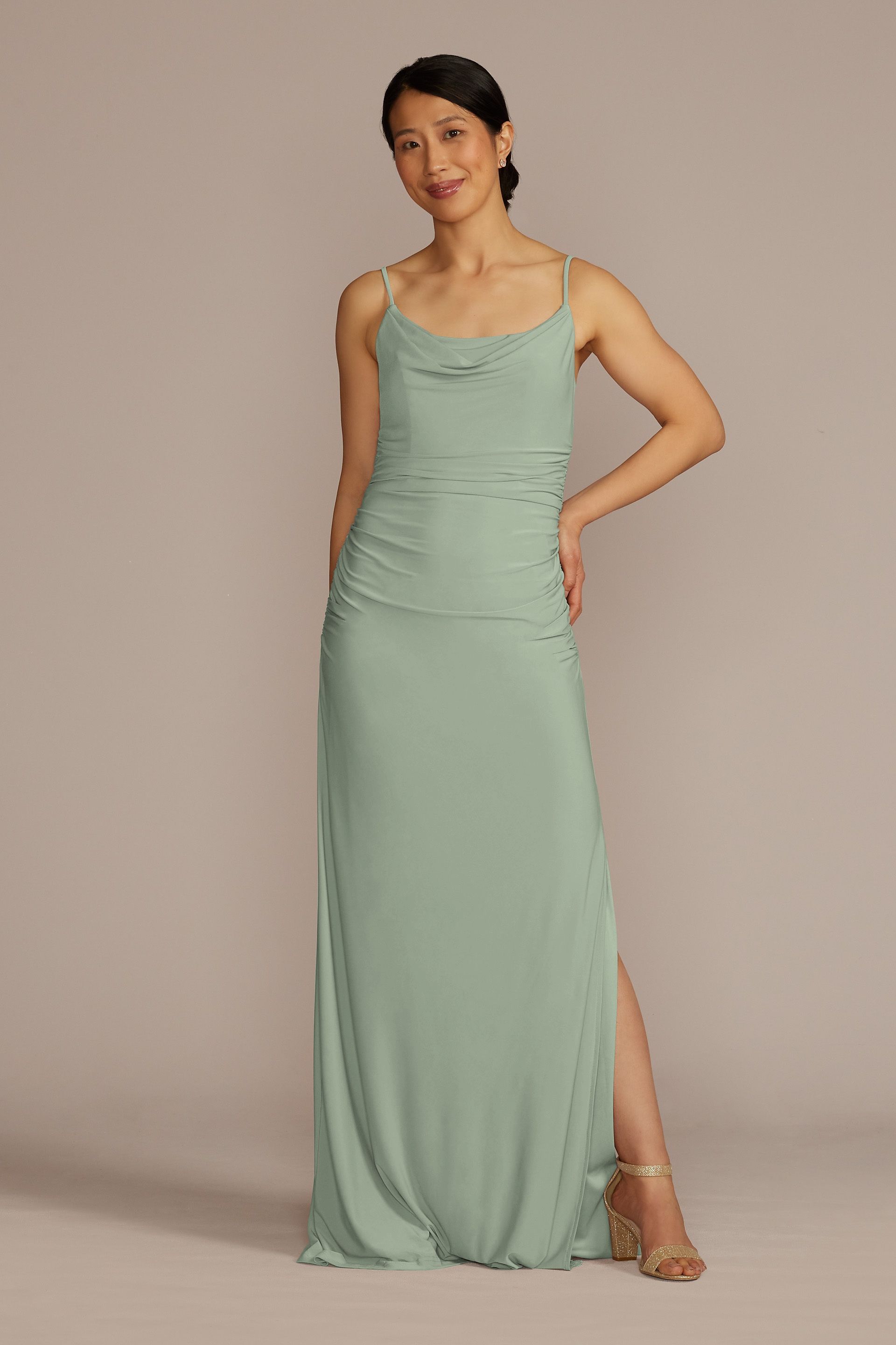 Celebrate DB Studio Ruched Jersey Spaghetti Strap Dress in Dusty Sage Size: 24 David's Bridal