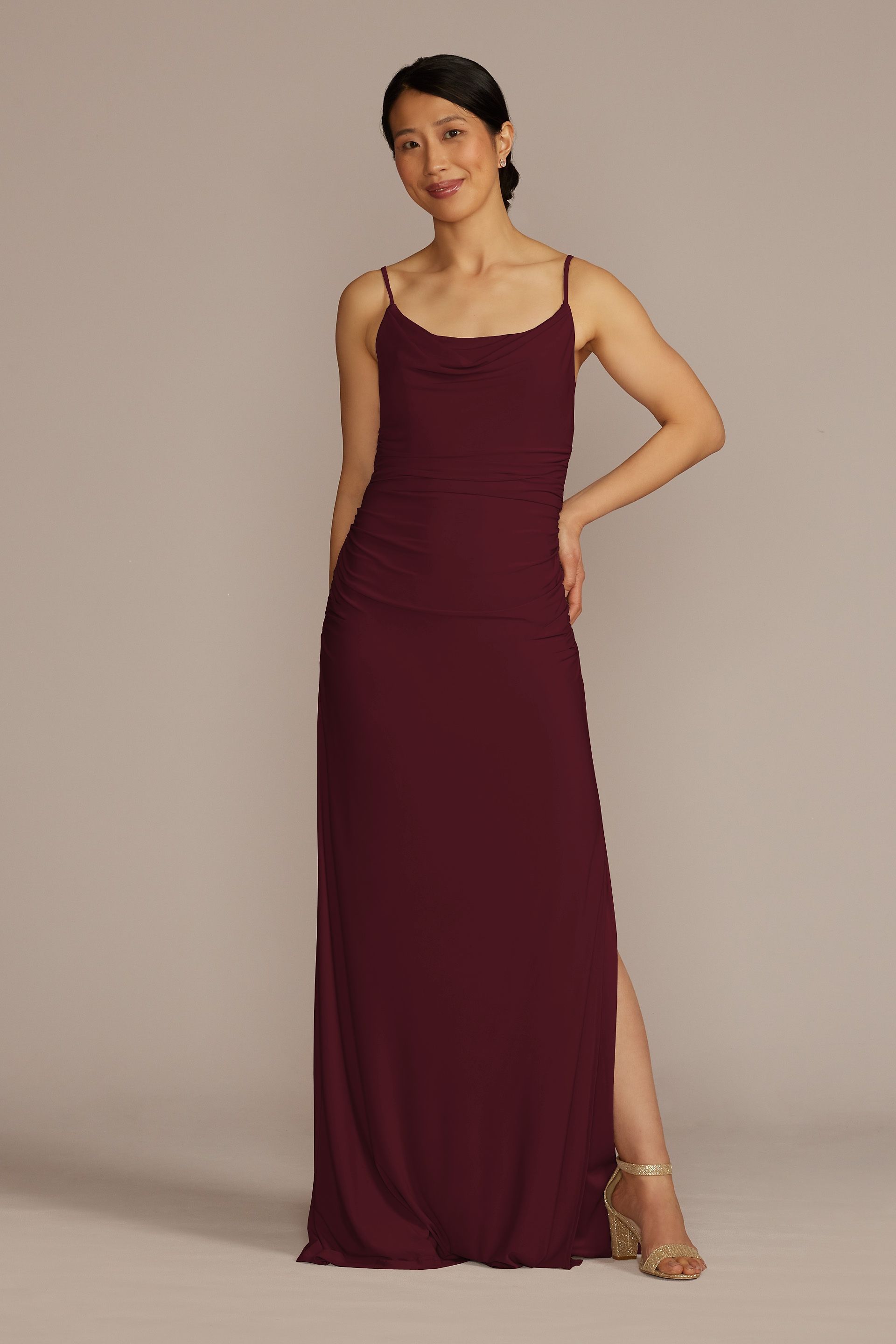 Celebrate DB Studio Ruched Jersey Spaghetti Strap Dress in Wine Size: 6 David's Bridal