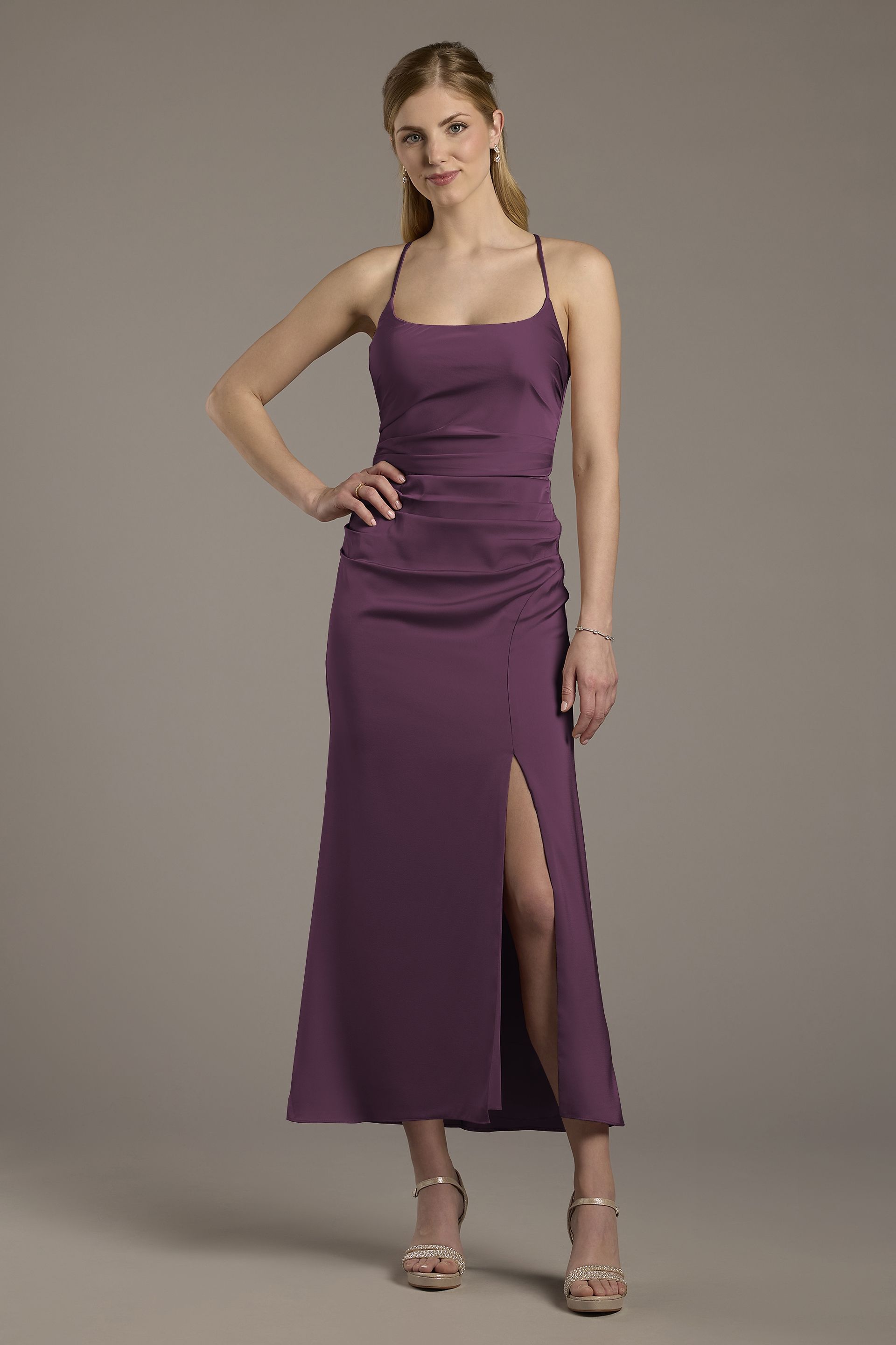 david's bridal amethyst bridesmaid dresses Matte Satin Ruched Midi Sheath Dress Size Alpha:UK-L Line Fabric bralette Deep Plunge Bow Detail