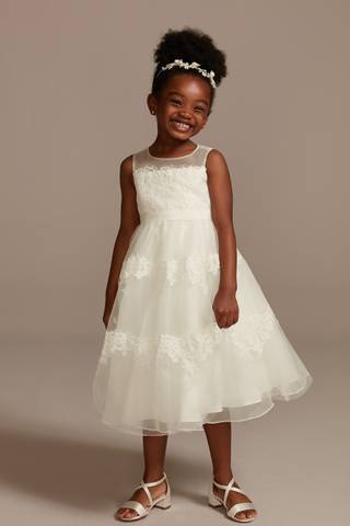 View David's Bridal Banded Lace Illusion Flower Girl Dress in all available color and sizes Picture of Banded Lace Illusion Flower Girl Dress