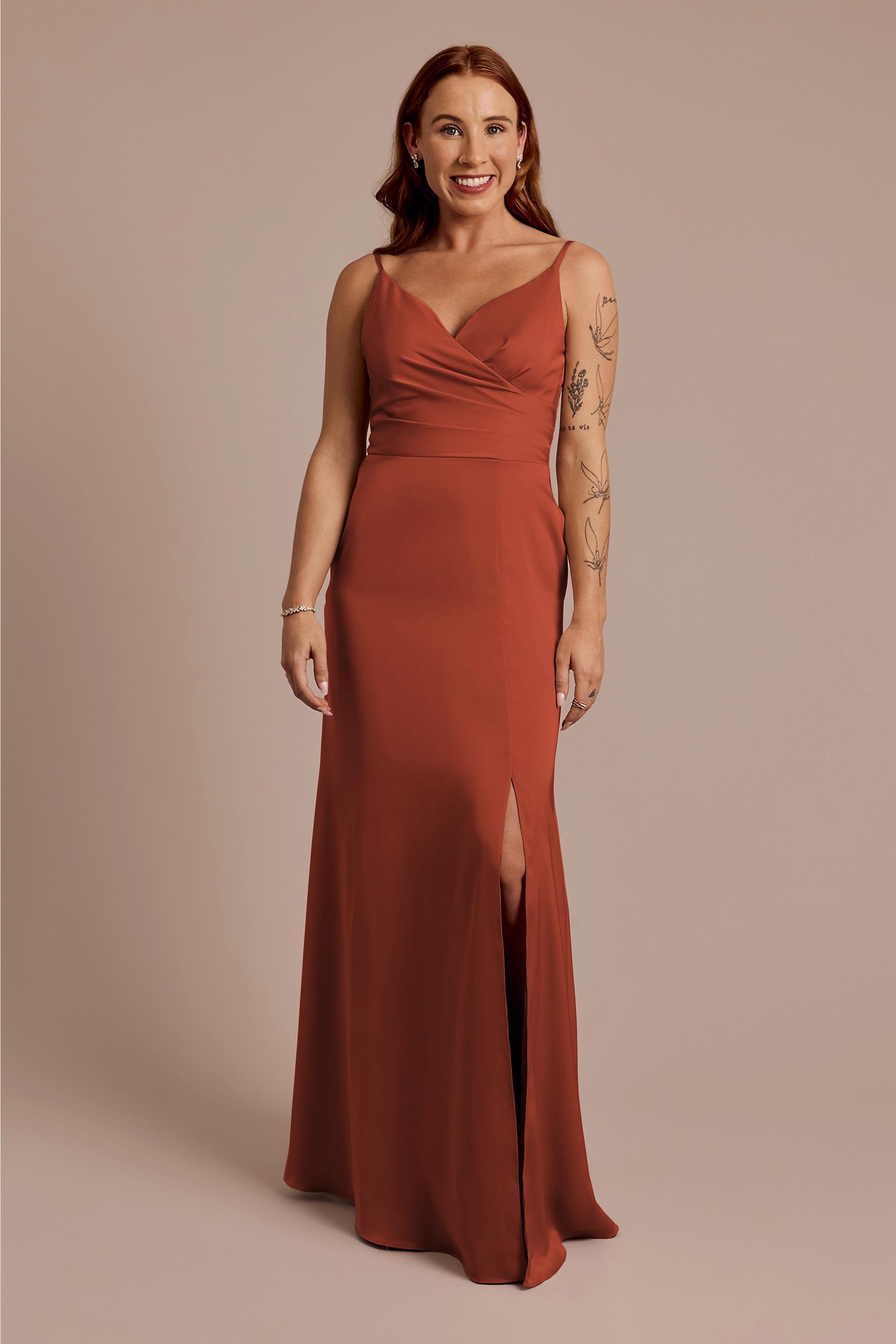 Celebrate DB Studio Matte Satin Spaghetti Strap Surplice A-Line Dress in Cinnamon Size: 6 David's Bridal