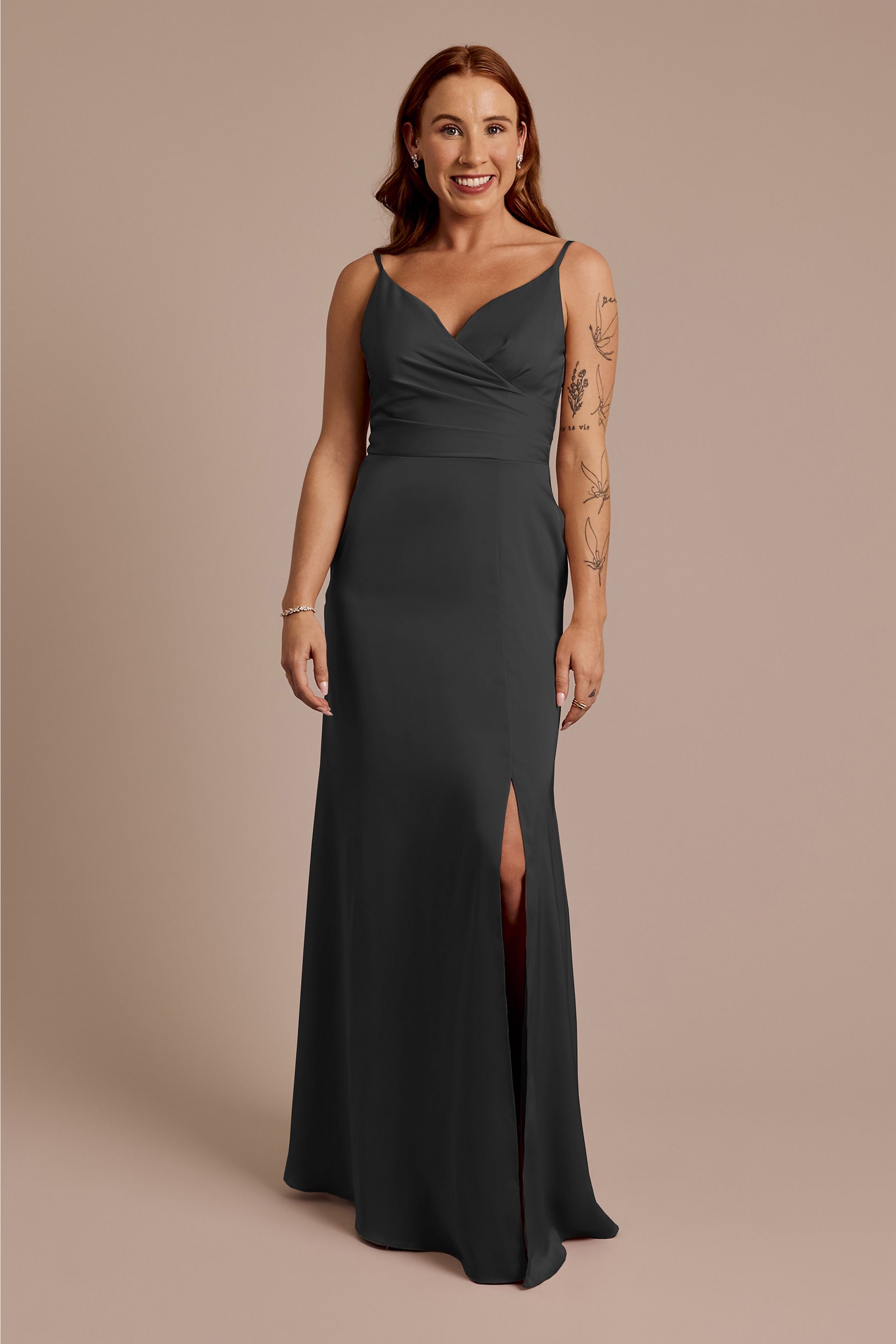 GLAMOROUS JANE バックデカリボン配色ストライプベアワンピ　F Matte Satin Spaghetti Strap Surplice A-Line Dress | David's Bridal
