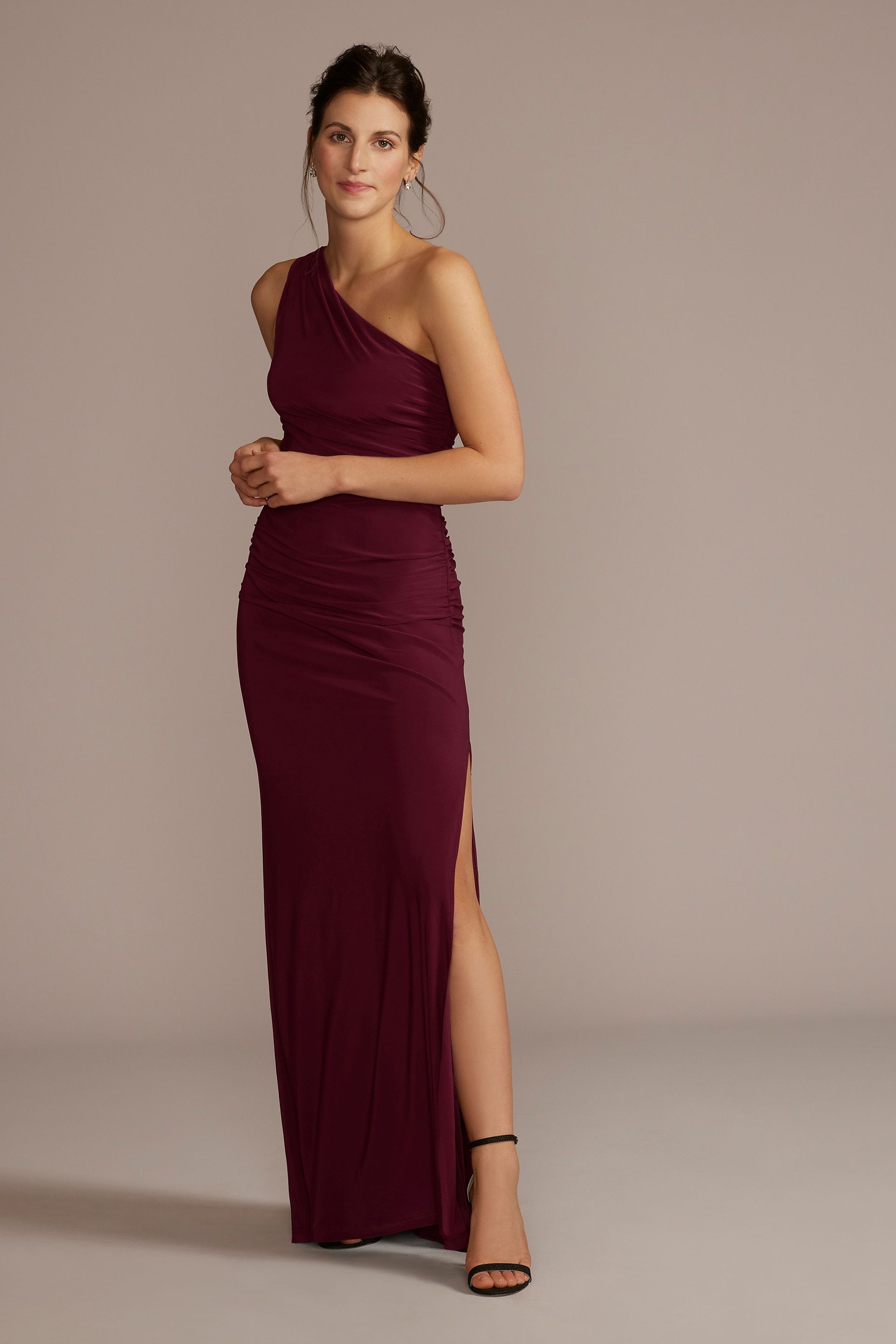 Celebrate DB Studio Ruched Jersey One-Shoulder Dress in Wine Size: 12 David's Bridal