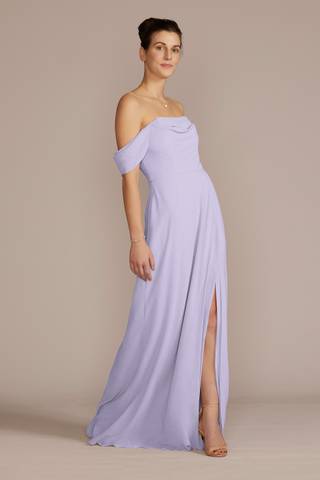 View Celebrate DB Studio Chiffon Cowl Off-the Shoulder Dress in all available color and sizes Picture of Chiffon Cowl Off-the Shoulder Dress