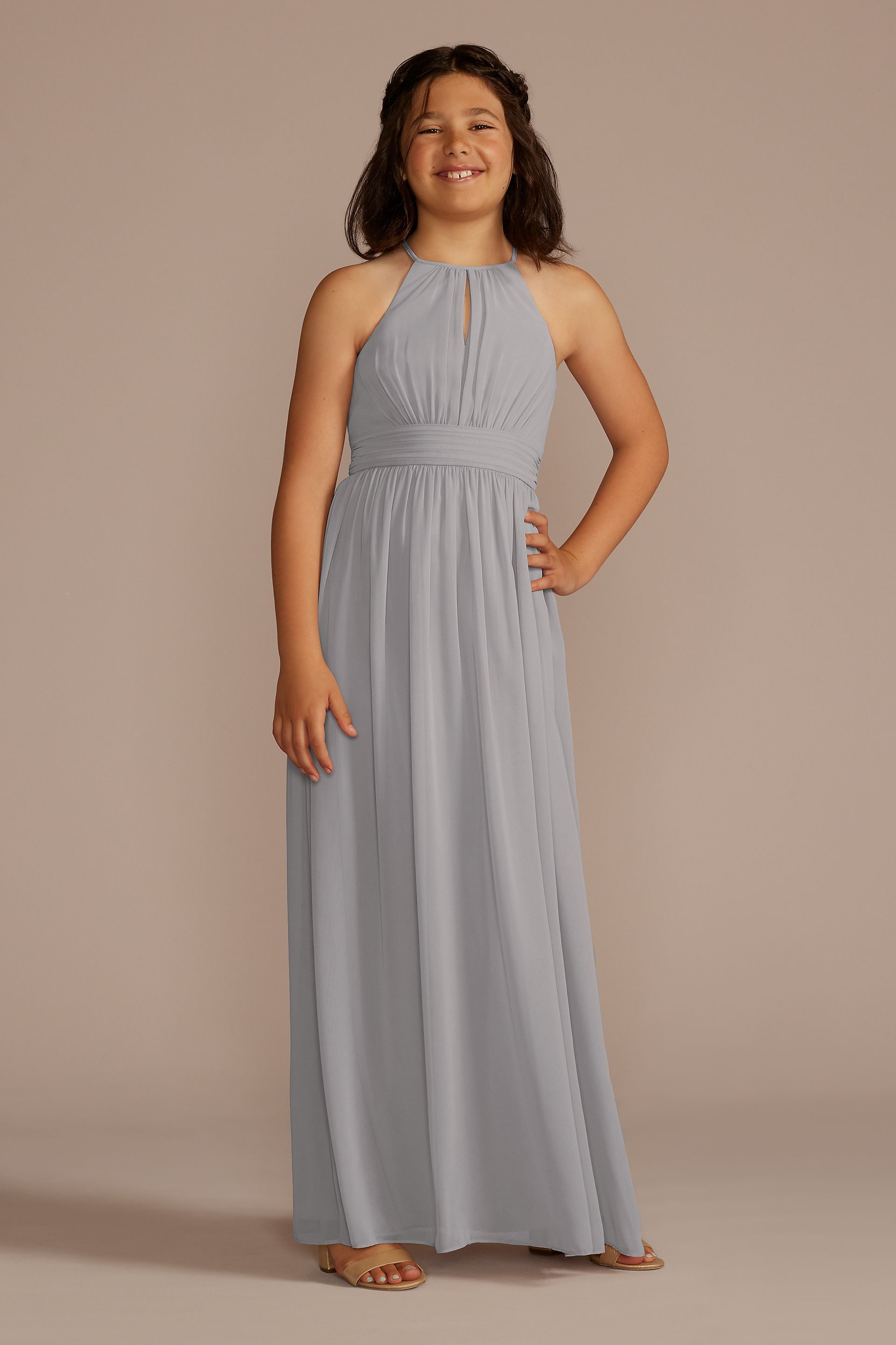 grey junior bridesmaid dresses Chiffon High-Neck Pleated Dress Style:ES80026DN LOW AVAILABILITY Charmeuse Draped One Shoulder Chiffon dress girls special occasion dress
