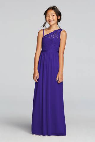 View David's Bridal Long Mesh Skirt with Lace Bodice Dress in all available color and sizes Picture of Long Mesh Skirt with Lace Bodice Dress