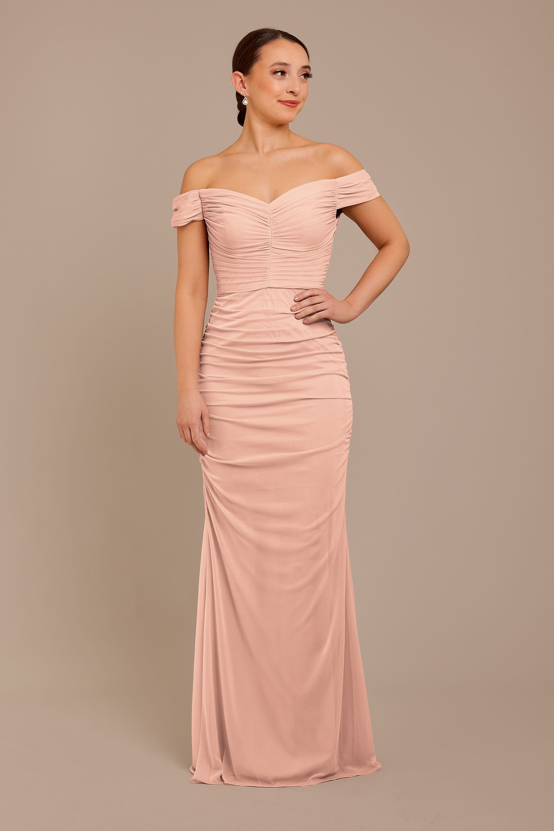 Celebrate DB Studio Mesh Off-The-Shoulder Ruched Bridesmaid Dress in Petal Size: 12 David's Bridal