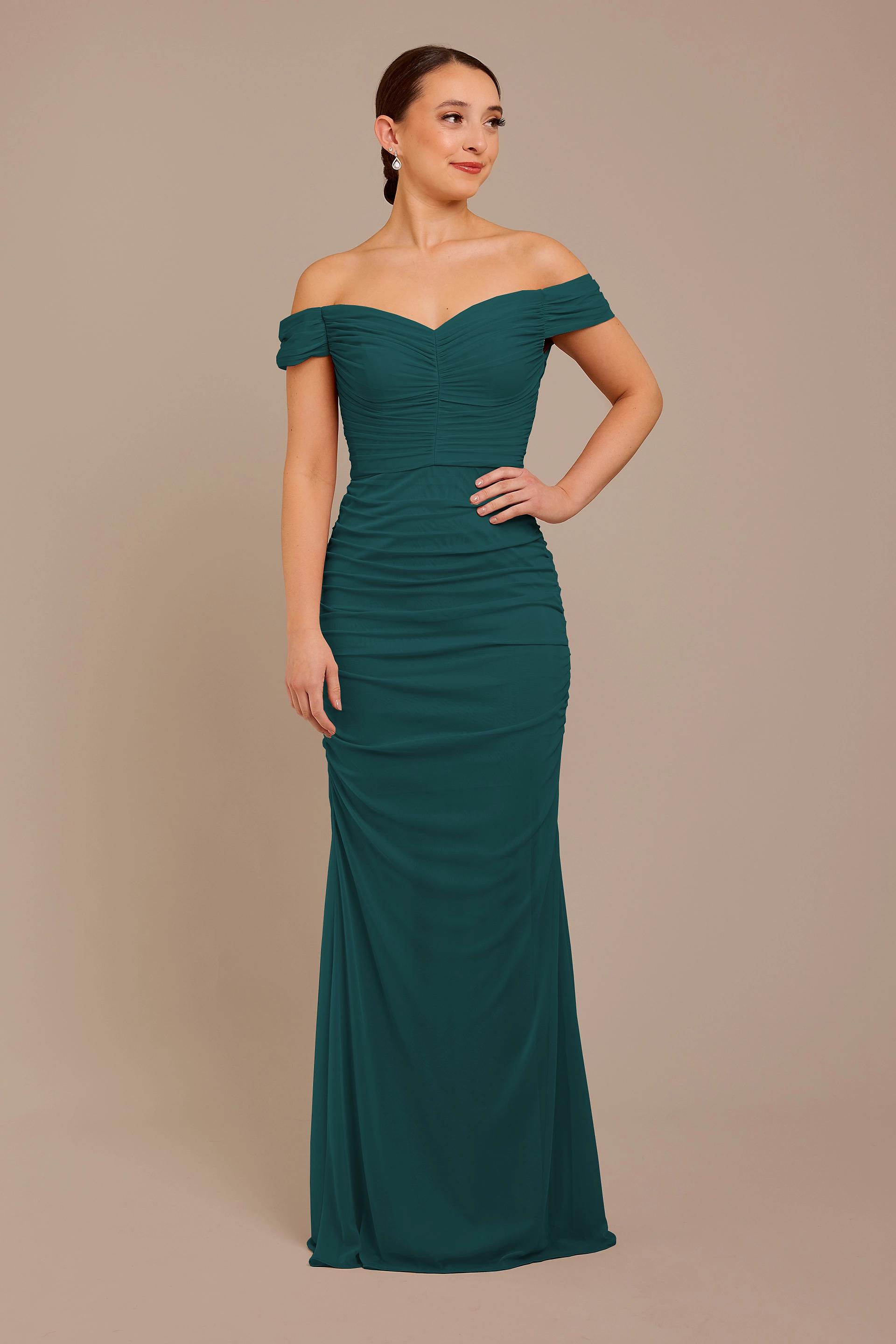 Celebrate DB Studio Mesh Off-The-Shoulder Ruched Dress in Gem Size: 16 David's Bridal