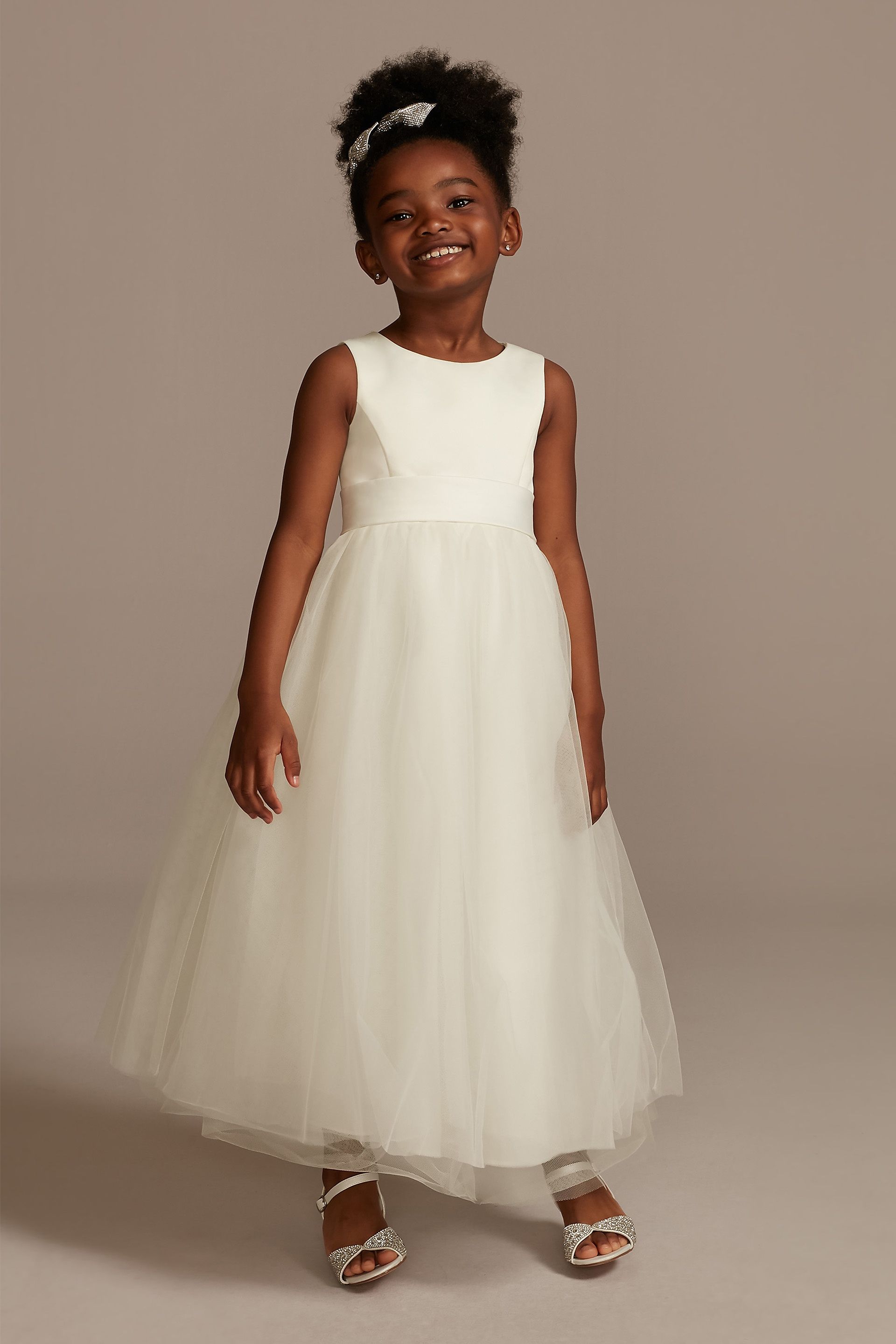 Satin Flower Girl Dress With Tulle Skirt in Ivory Size: 12M David's Bridal