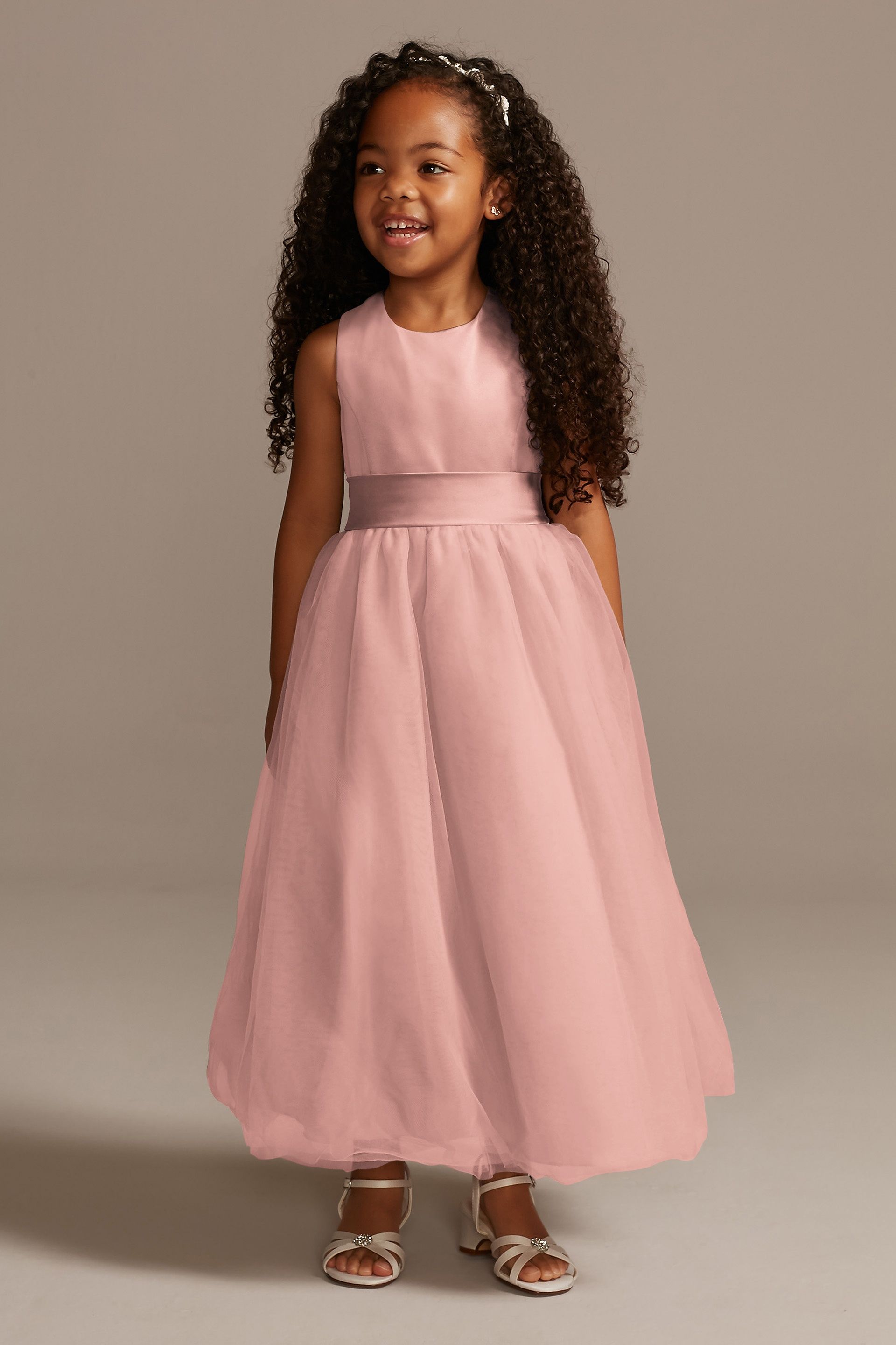 Satin Flower Girl Dress With Tulle Skirt in Ballet Size: 10 David's Bridal