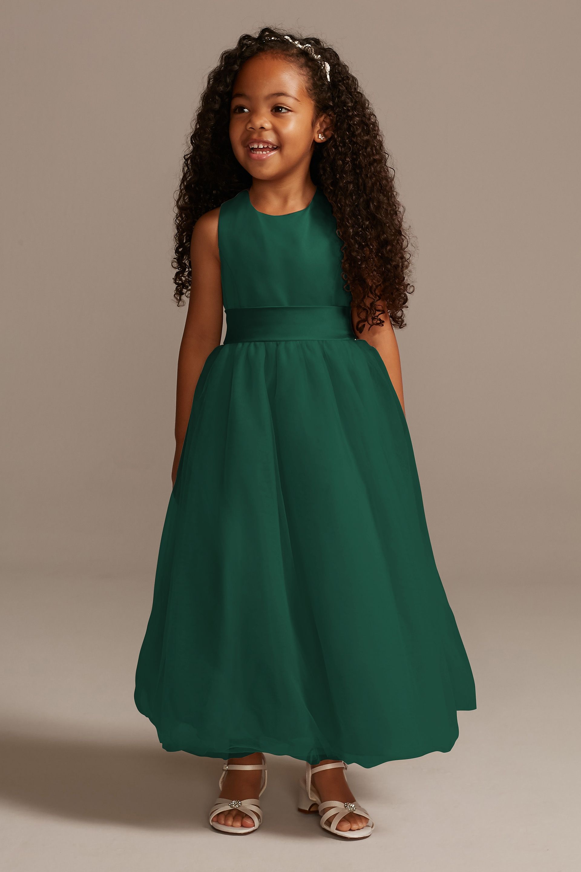 Satin Flower Girl Dress With Tulle Skirt in Juniper Size: 5 David's Bridal