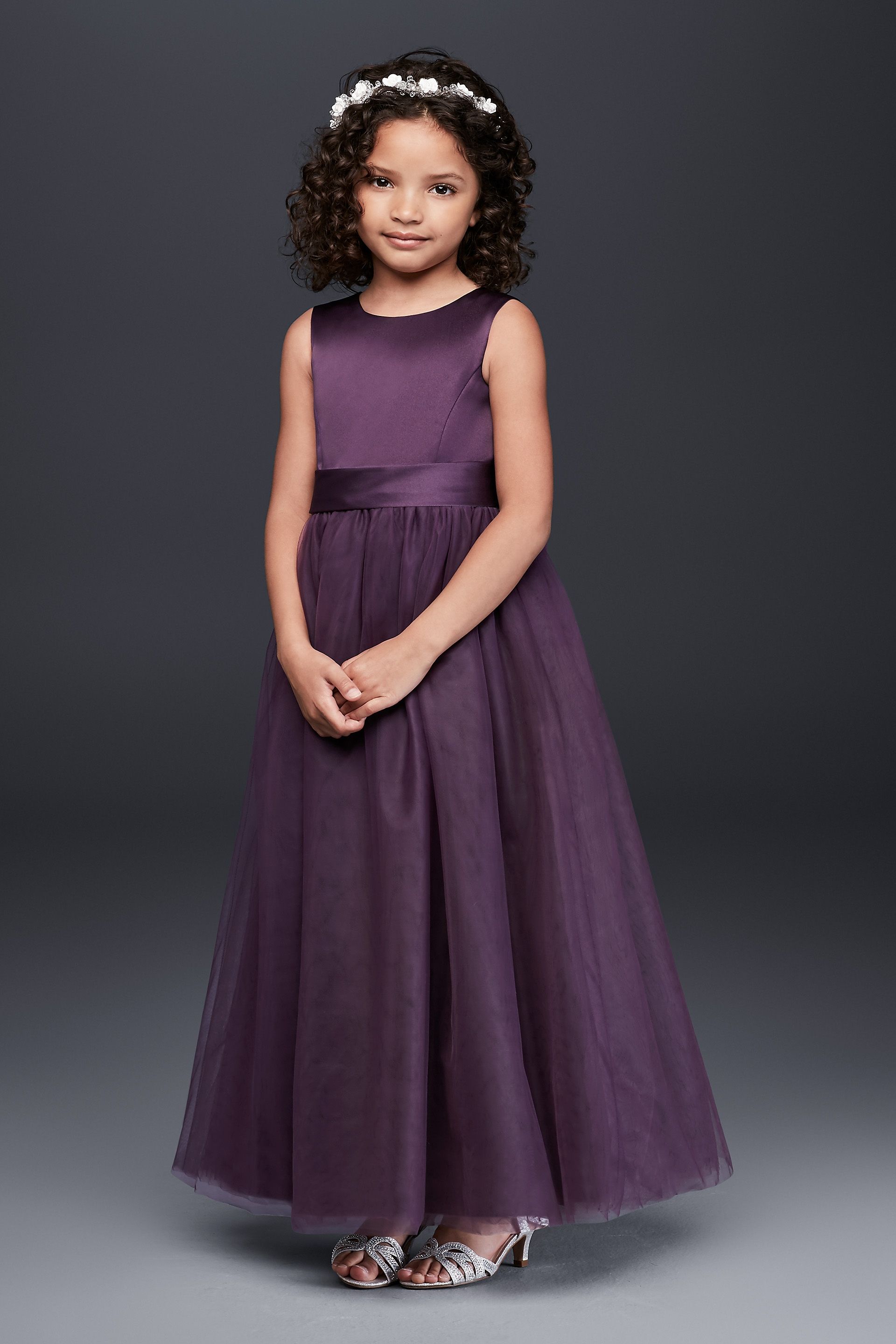 Satin Flower Girl Dress With Tulle Skirt in Plum Size: 7 David's Bridal