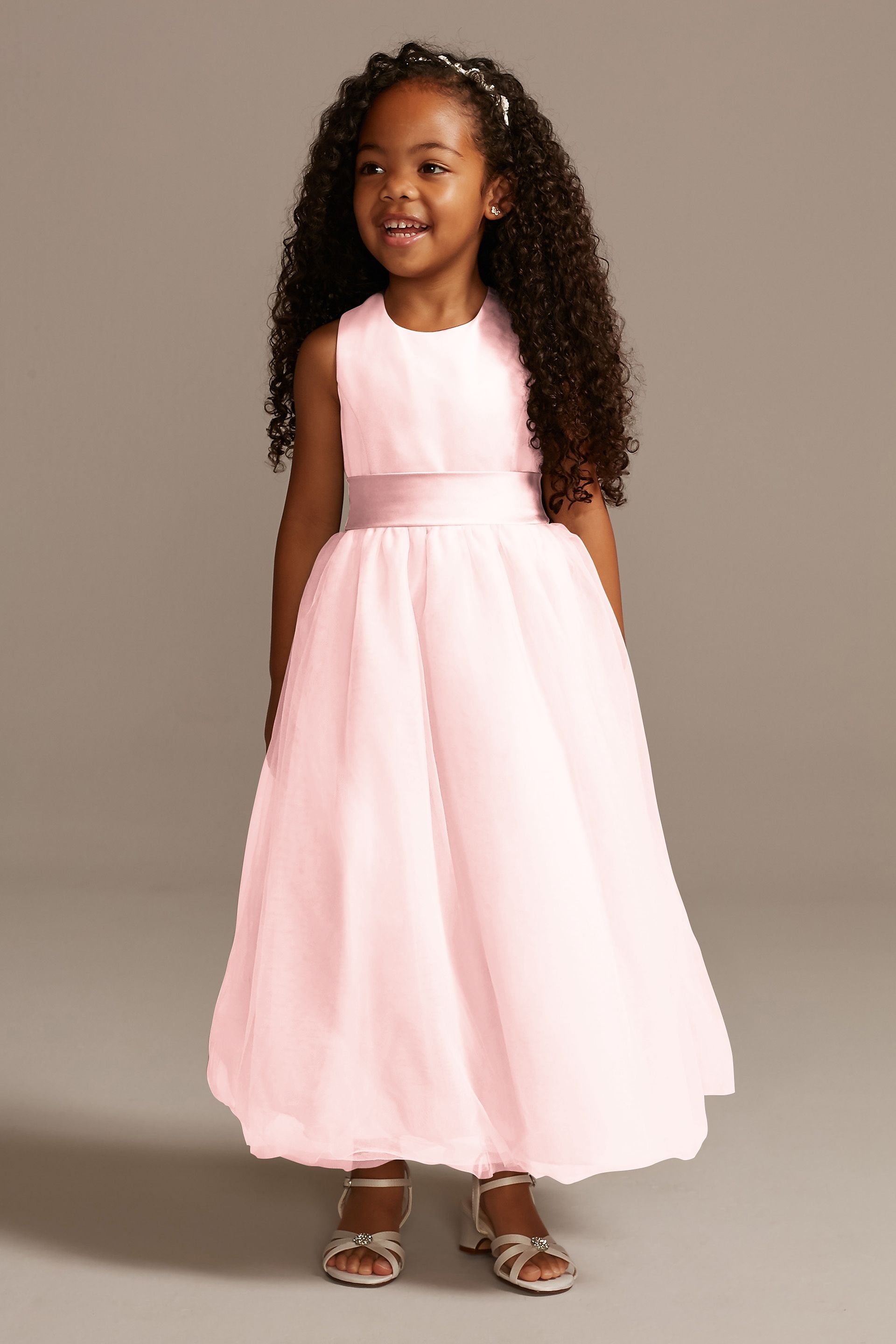 Satin Flower Girl Dress With Tulle Skirt in Petal Size: 5 David's Bridal