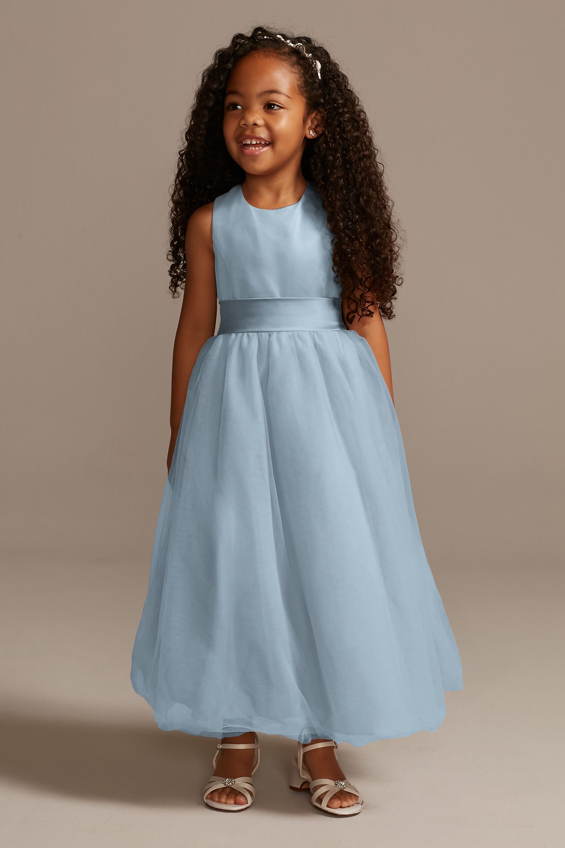 Satin Flower Girl Dress With Tulle Skirt in Dusty Blue Size: 4 David's Bridal