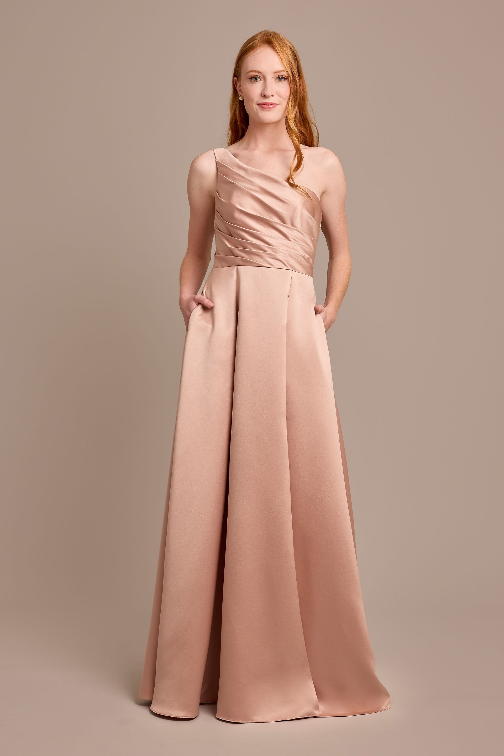 Celebrate DB Studio Satin One-Shoulder A-Line Pleated Dress in Sand Size: 6 David's Bridal