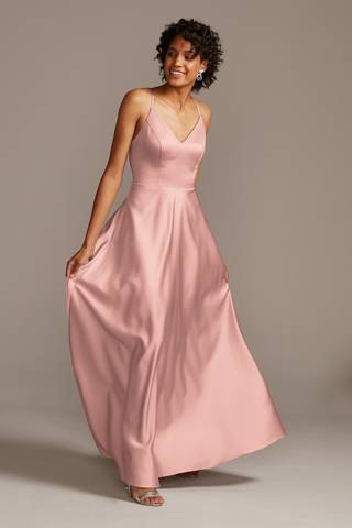 View Celebrate DB Studio Spaghetti Strap Satin A-Line Long Bridesmaid Dress in all available color and sizes Picture of Spaghetti Strap Satin A-Line Long Bridesmaid Dress