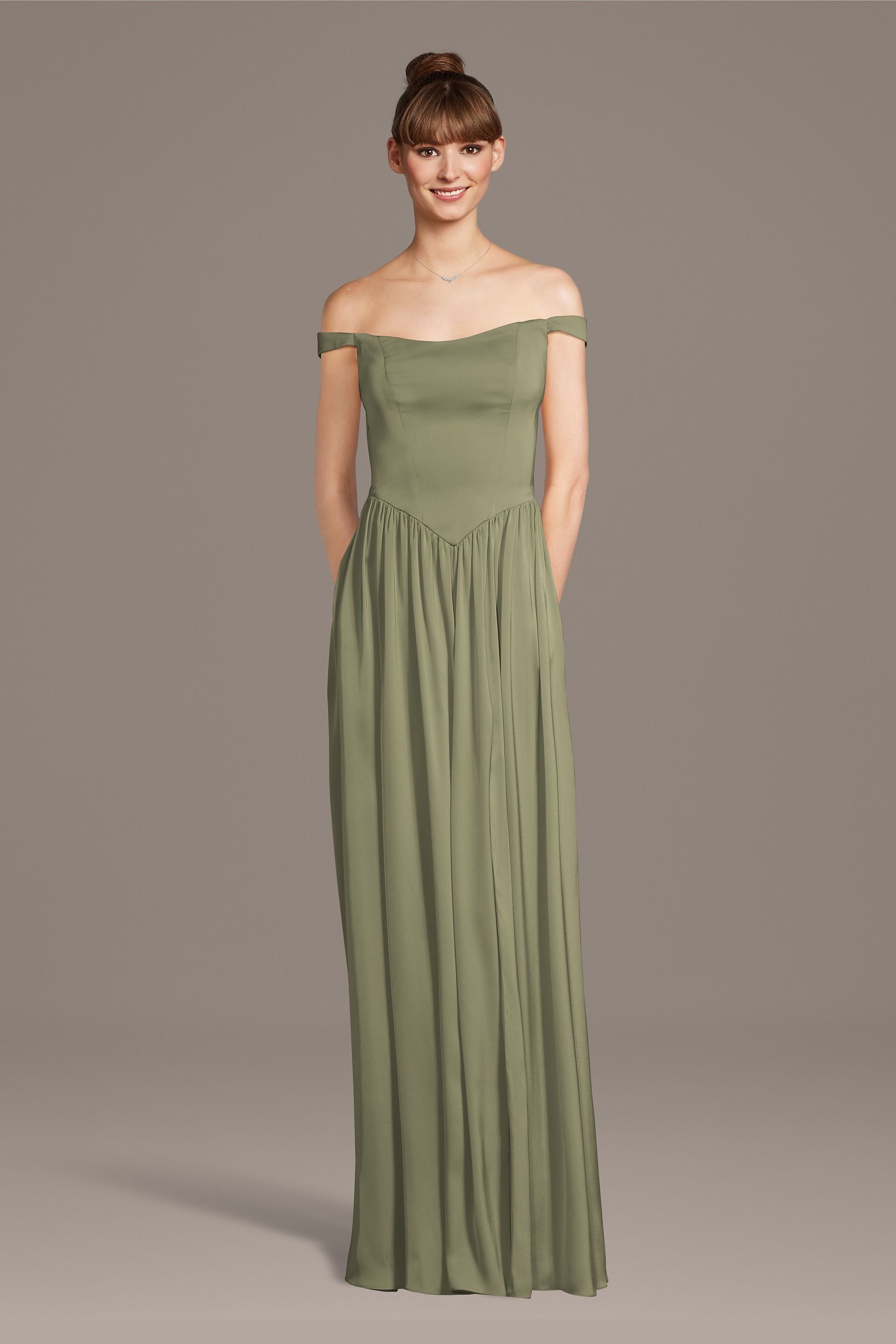 Celebrate DB Studio Matte Satin Off-The-Shoulder Basque Waist Dress in Eucalyptus Size: 1X David's Bridal