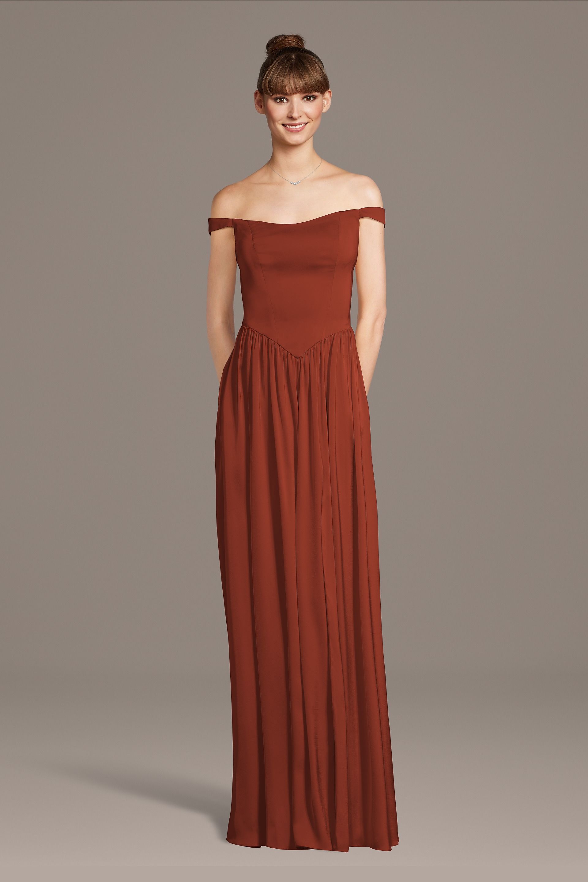 View Celebrate DB Studio Matte Satin Off-the-Shoulder Basque Waist Dress in all available color and sizes Picture of Matte Satin Off-the-Shoulder Basque Waist Dress
