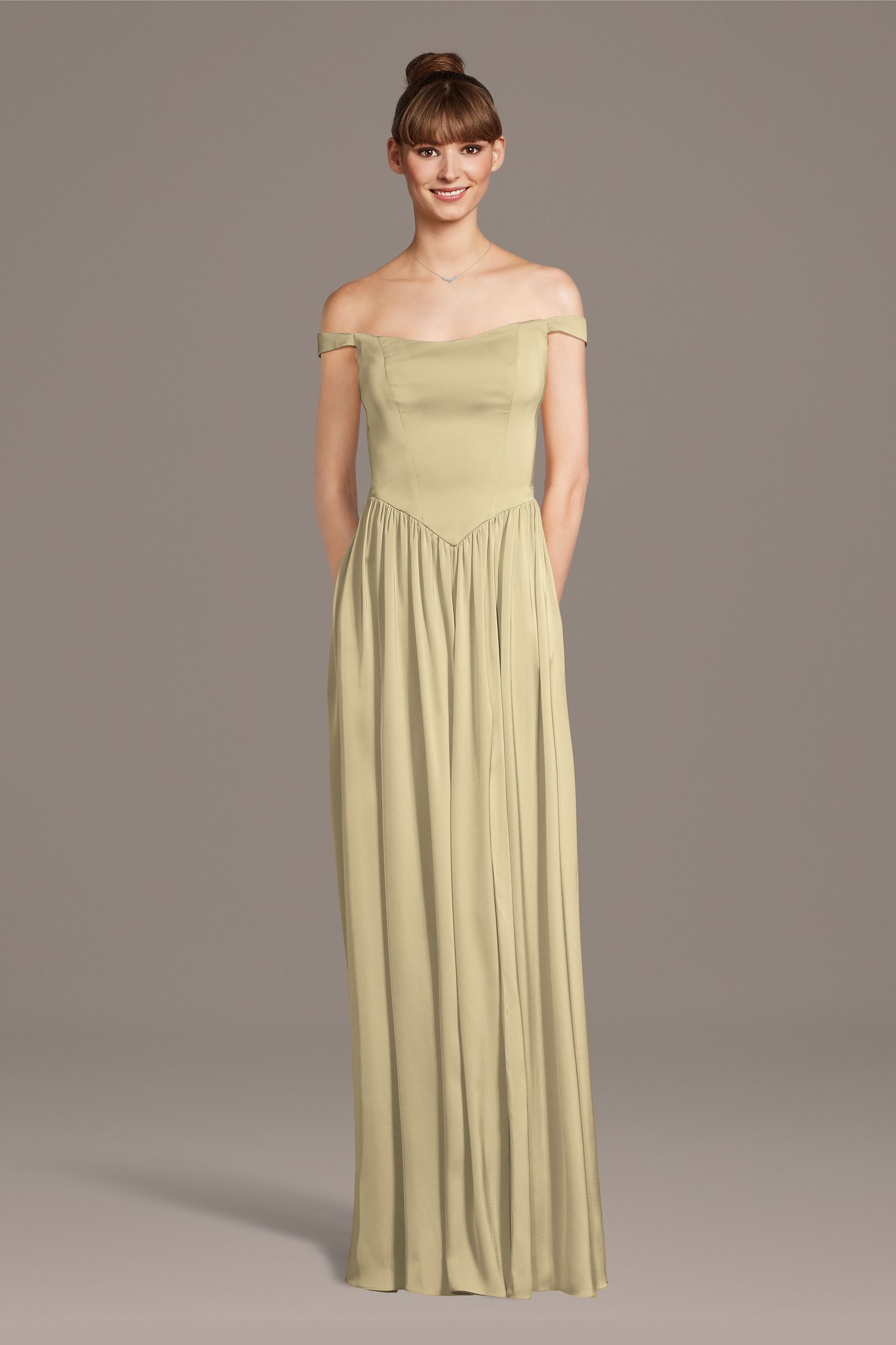 Celebrate DB Studio Matte Satin Off-The-Shoulder Basque Waist Dress in Champagne Size: 2X David's Bridal