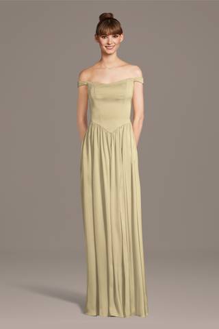 View Celebrate DB Studio Matte Satin Off-the-Shoulder Basque Waist Dress in all available color and sizes Picture of Matte Satin Off-the-Shoulder Basque Waist Dress