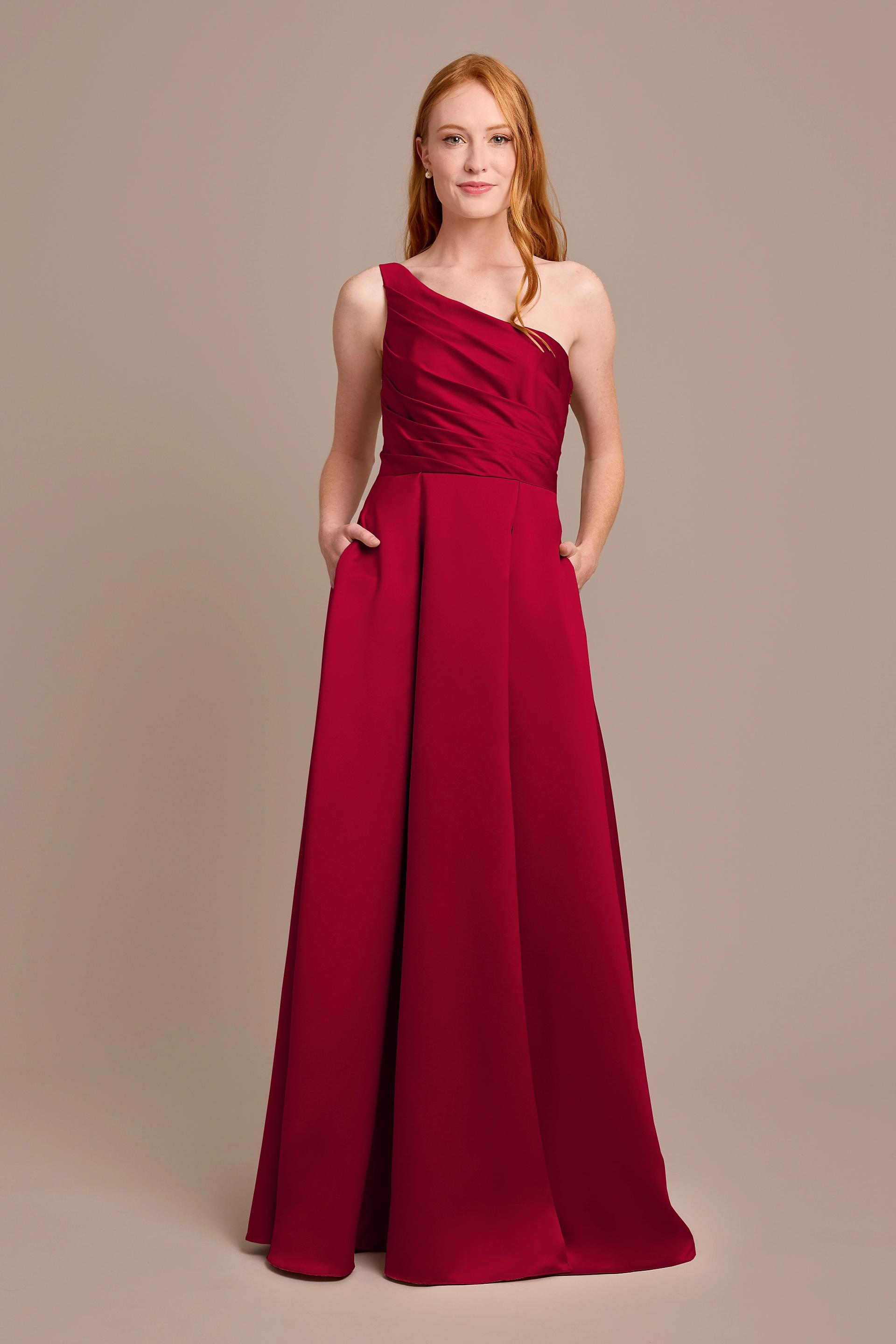 View Celebrate DB Studio Satin One-Shoulder A-Line Pleated Dress in all available color and sizes Picture of Satin One-Shoulder A-Line Pleated Dress