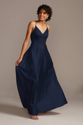 View Celebrate DB Studio Spaghetti Strap Satin A-Line Long Bridesmaid Dress in all available color and sizes Picture of Spaghetti Strap Satin A-Line Long Bridesmaid Dress