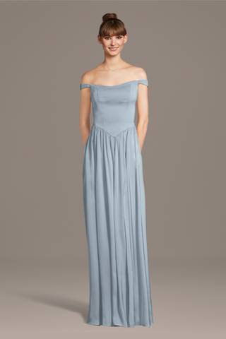 View Celebrate DB Studio Matte Satin Off-the-Shoulder Basque Waist Dress in all available color and sizes Picture of Matte Satin Off-the-Shoulder Basque Waist Dress