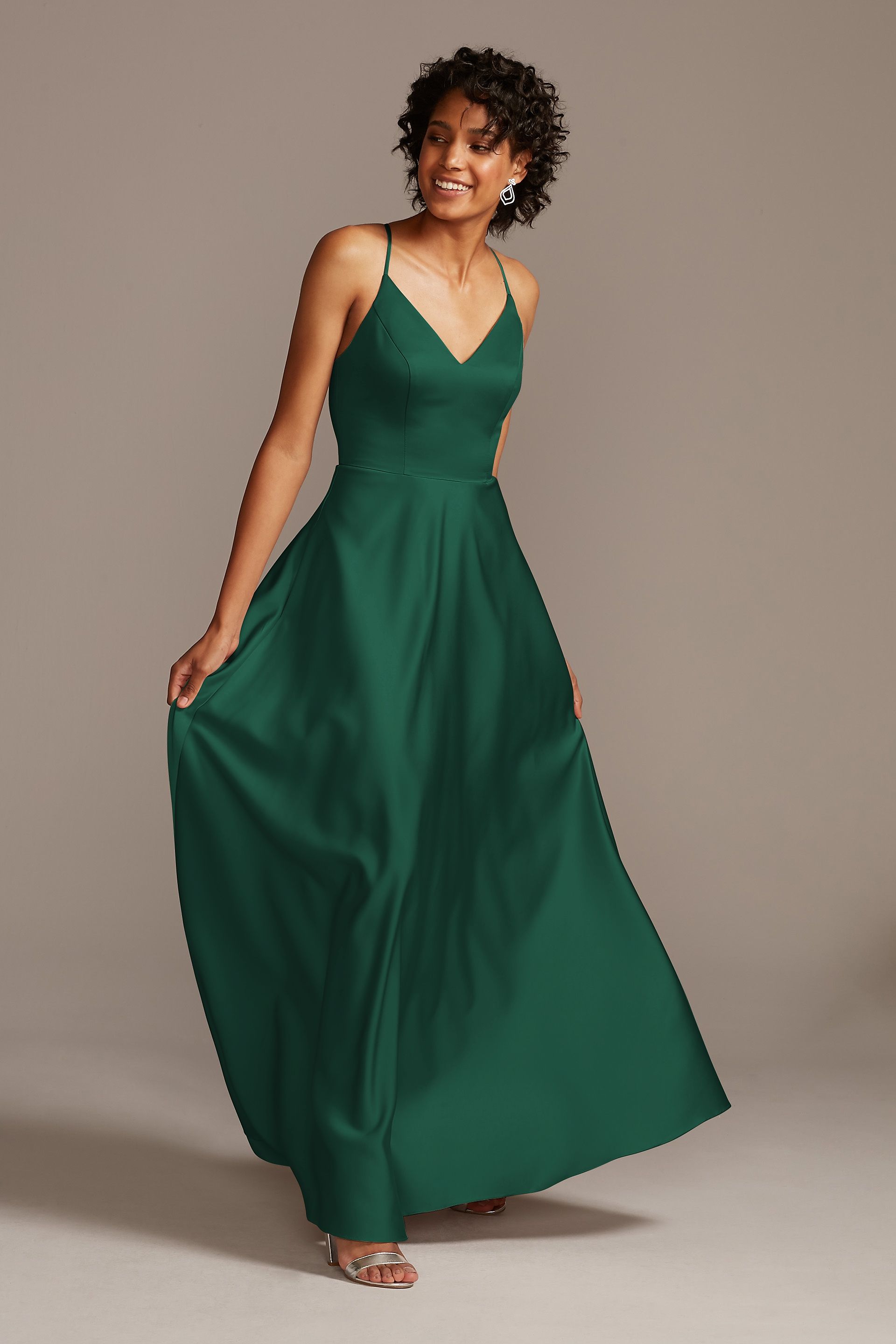 Celebrate DB Studio Spaghetti Strap Satin A-Line Long Bridesmaid Dress in Juniper Size: 8 David's Bridal