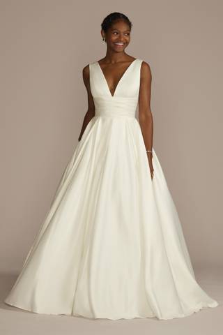 View David's Bridal Collection Cummerbund Satin Ball Gown Wedding Dress in all available color and sizes Picture of Cummerbund Satin Ball Gown Wedding Dress