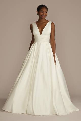 View David's Bridal Collection Cummerbund Satin Ball Gown Wedding Dress in all available color and sizes Picture of Cummerbund Satin Ball Gown Wedding Dress