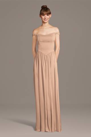 View Celebrate DB Studio Matte Satin Off-the-Shoulder Basque Waist Dress in all available color and sizes Picture of Matte Satin Off-the-Shoulder Basque Waist Dress