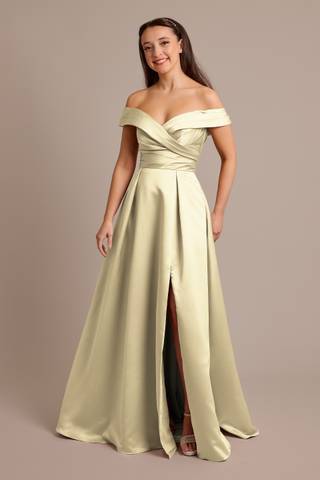 View Celebrate DB Studio Satin Off-the-Shoulder Ball Gown Dress in all available color and sizes Picture of Satin Off-the-Shoulder Ball Gown Dress