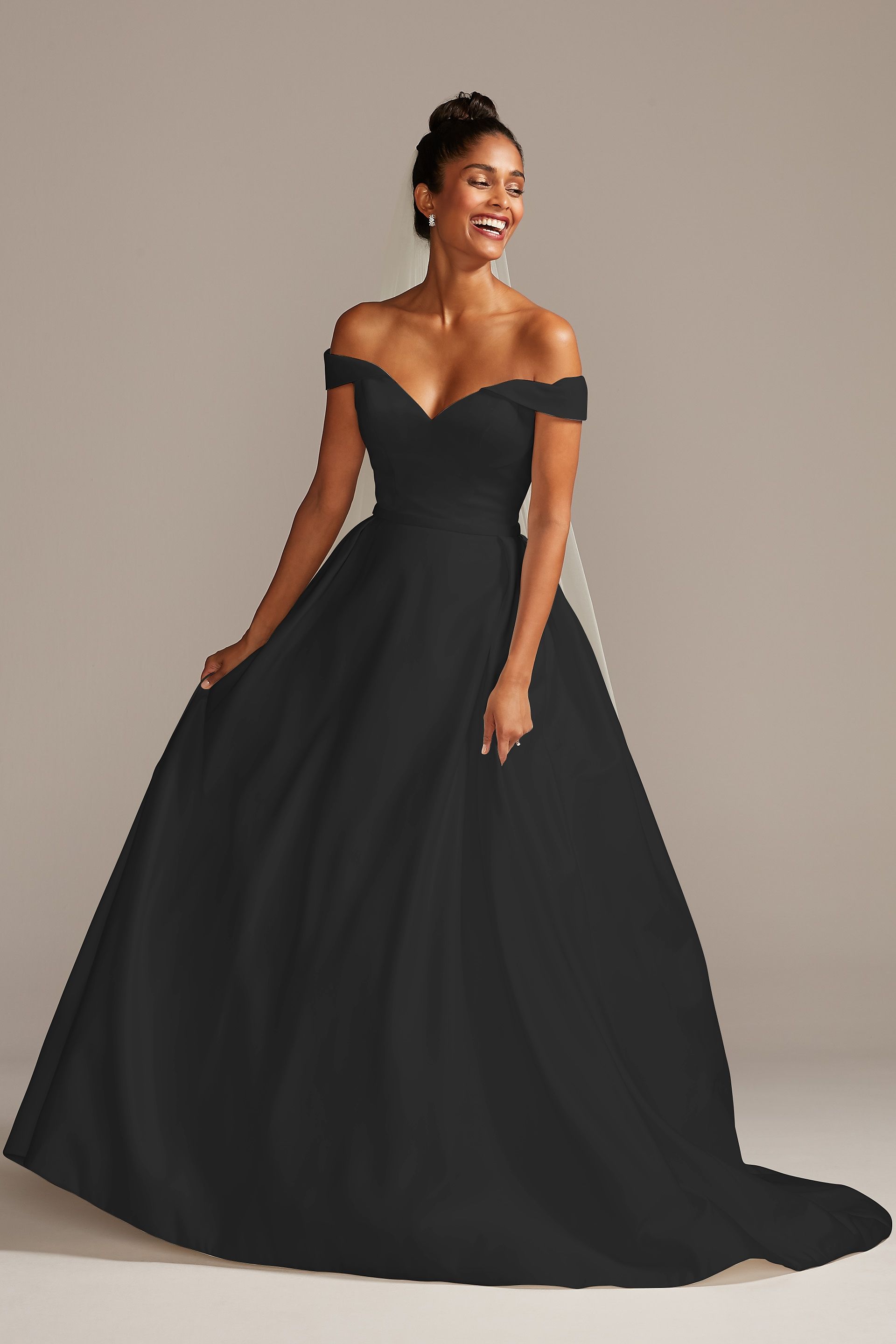 David's Bridal Collection Off Shoulder Satin Gown Plus Size Wedding Dress in Black Size: 6P David's Bridal