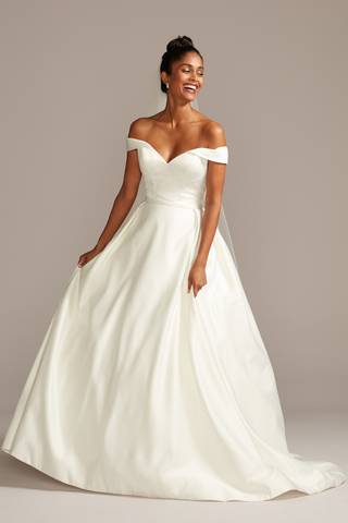 View David's Bridal Collection Off Shoulder Satin Gown Wedding Dress in all available color and sizes Picture of Off Shoulder Satin Gown Wedding Dress